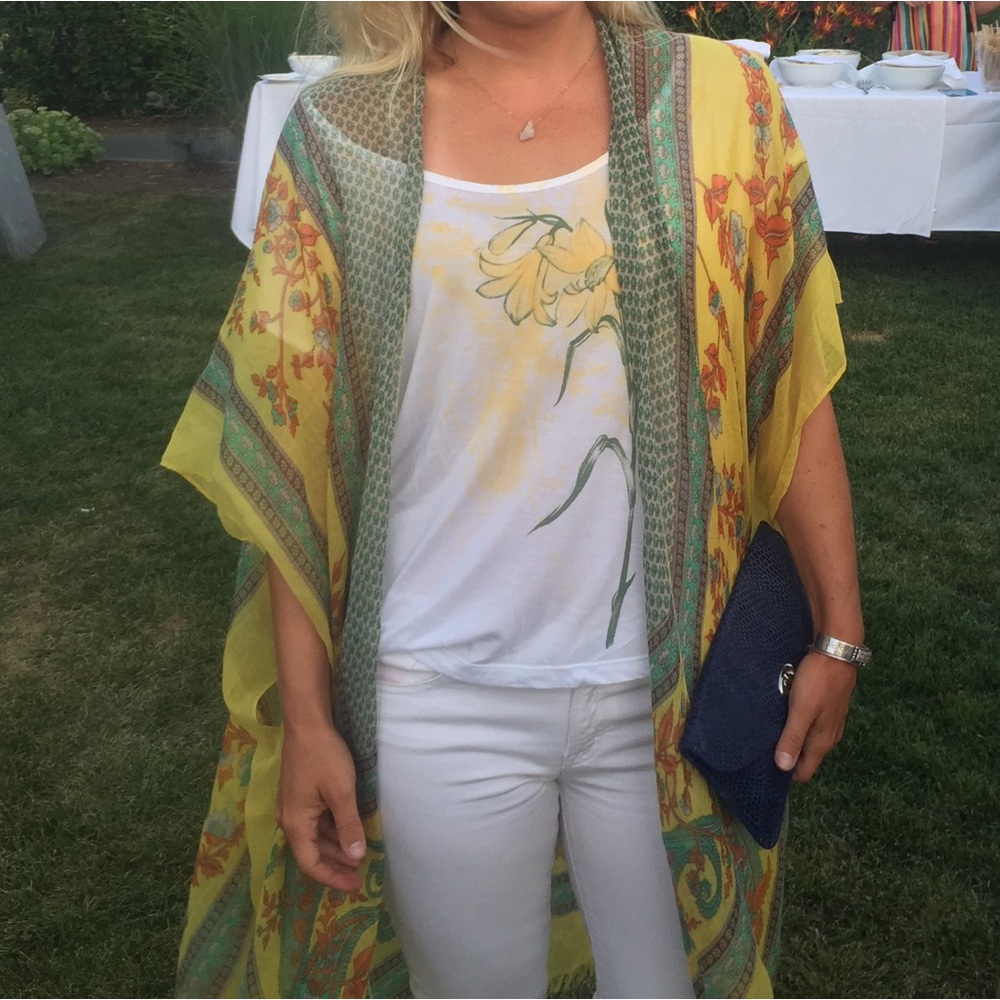 NIBI MTK open kimono-style caftan in sheer yellow, green and red pattern